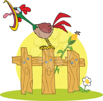Royalty Free Clipart Image of a Rooster on a Fence