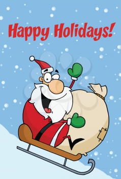 Royalty Free Clipart Image of a Santa Coming Downhill on a Sled