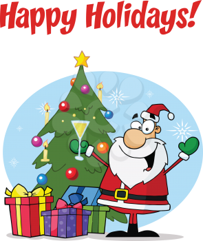 Royalty Free Clipart Image of Santa With a Tree on a Happy Holidays Greeting
