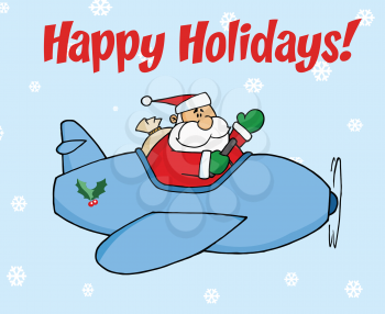 Royalty Free Clipart Image of Santa in a Plane
