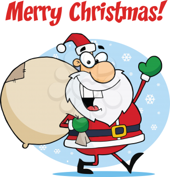 Royalty Free Clipart Image of Santa Waving on a Merry Christmas Greeting
