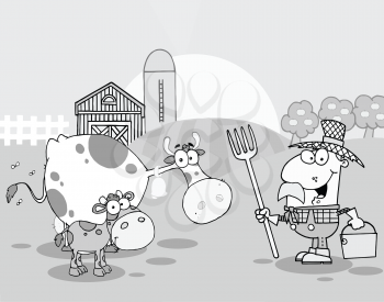 Royalty Free Clipart Image of a Farmer in a Field With a Cow and Calf