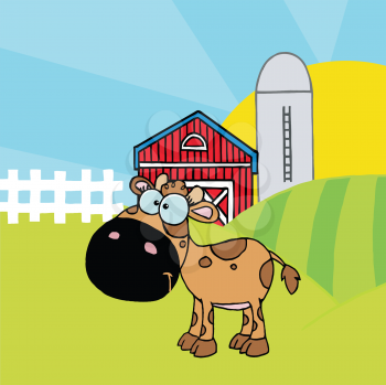Royalty Free Clipart Image of a Calf in a Pasture