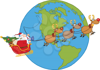 Royalty Free Clipart Image of Santa and His Reindeer Flying Around the World