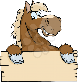 Royalty Free Clipart Image of a Cartoon Horse Over a Blank Sign