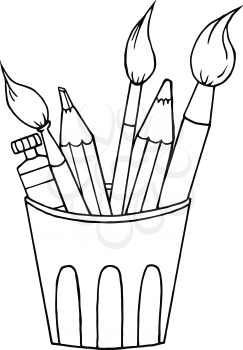 Royalty Free Clipart Image of Artist's Supplies in a Container