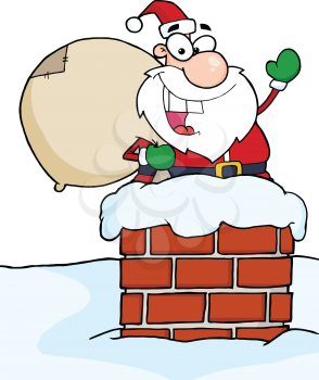 Royalty Free Clipart Image of a Waving Santa in a Chimney