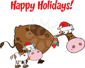 Royalty Free Clipart Image of a Christmas Cow and Calf Under Happy Holidays
