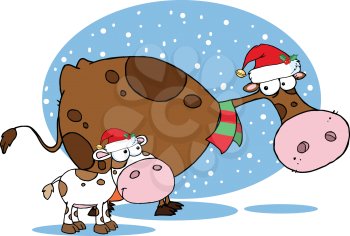 Royalty Free Clipart Image of a Christmas Cow and Calf