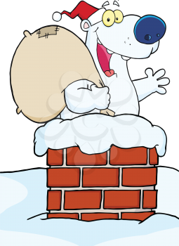 Royalty Free Clipart Image of a Santa Polar Bear Waving From a Chimney