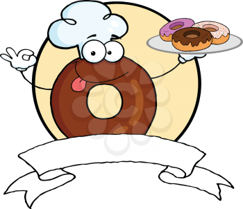 Royalty Free Clipart Image of a Donut in a Chef's Hat With a Plate of Donuts and a Ribbon for Text