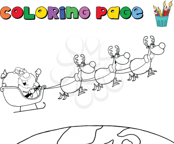 Royalty Free Clipart Image of a Colouring Page of Santa and His Reindeer Flying Around the World