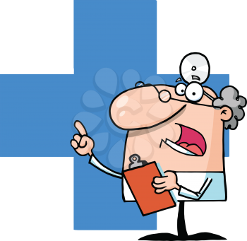 Royalty Free Clipart Image of a Doctor With a Clipboard by a Blue Cross