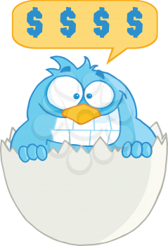 Royalty Free Clipart Image of a Bluebird in an Eggshell Thinking Dollars