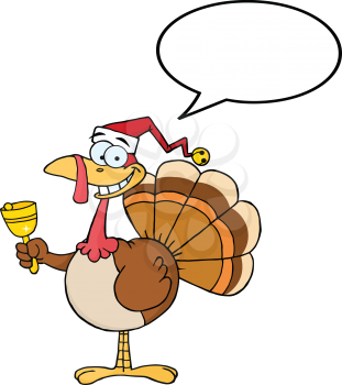 Royalty Free Clipart Image of a Turkey in a Santa Hat  With a Conversation Bubble Ringing a Bell
