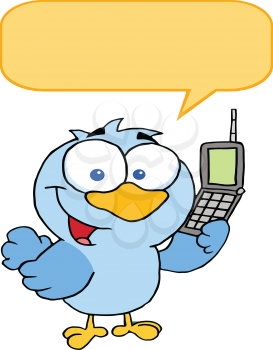 Royalty Free Clipart Image of a Bluebird With a Conversation Bubble Holding a Cellphone