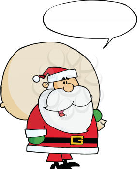 Royalty Free Clipart Image of Santa Carrying a Sack With a Conversation Bubble