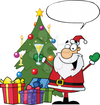 Royalty Free Clipart Image of Santa By a Tree With Champagne and a Speech Bubble