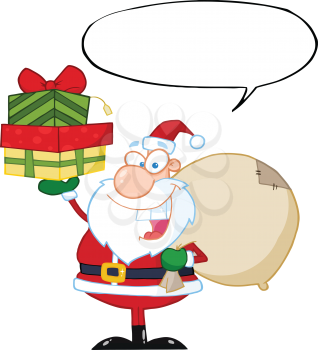 Royalty Free Clipart Image of Santa With a Speech Bubble Holding Gifts