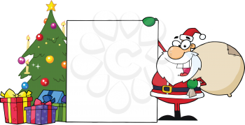 Royalty Free Clipart Image of Santa With a Blank Sign Beside a Christmas Tree