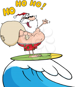 Royalty Free Clipart Image of a Surfing Santa Saying Ho Ho Ho