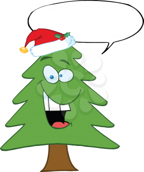 Royalty Free Clipart Image of a Christmas Tree With a Santa Hat and Speech Bubble