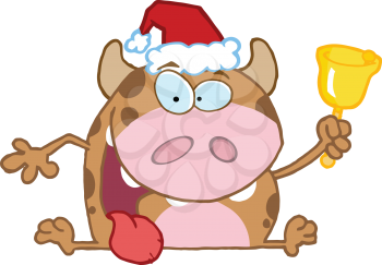 Royalty Free Clipart Image of a Happy Calf in a Santa Hat Ringing a Bell