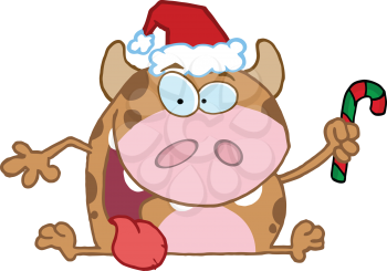 Royalty Free Clipart Image of a Calf in a Santa Hat With a Candy Cane
