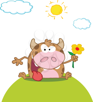 Royalty Free Clipart Image of a Happy Calf on a Hill in the Sun With a Flower