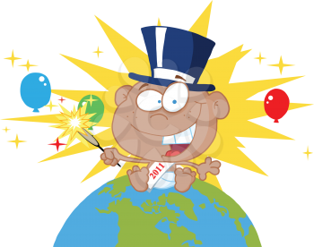 Royalty Free Clipart Image of a Baby With Fireworks and Balloons Above a Globe