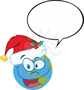 Royalty Free Clipart Image of the Earth in a Santa Hat With a Speech Bubble