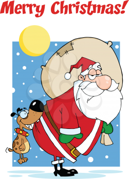 Royalty Free Clipart Image of a Dog Biting Santa's Bottom With a Christmas Greeting at the Top