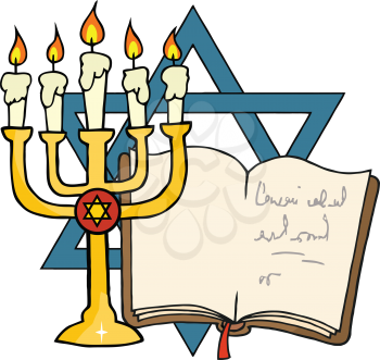 Royalty Free Clipart Image of a Menorah and Book in Front of a Star of David