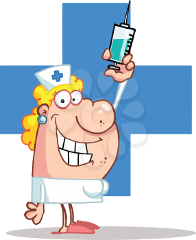 Royalty Free Clipart Image of a Nurse in Front of a Blue Cross Holding a Syringe
