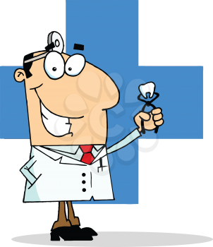 Royalty Free Clipart Image of a Blue Cross With a Dentist Holding a Tooth