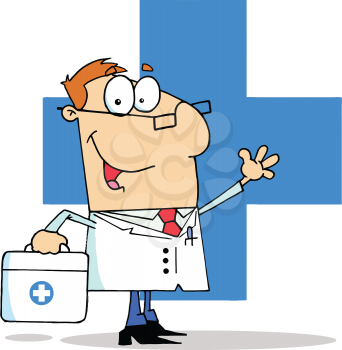 Royalty Free Clipart Image of a Doctor in Front of a Blue Cross