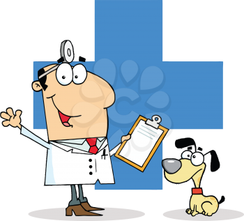 Royalty Free Clipart Image of a Vet and Dog in Front of a Blue Cross