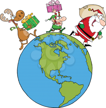 Royalty Free Clipart Image of Santa With An Elf and Reindeer Delivering Presents Around the World