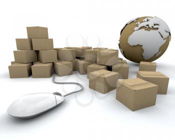 Royalty Free Clipart Image of a Globe, Boxes and a Mouse