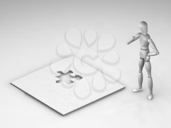 Royalty Free Clipart Image of a Person Looking at a Puzzle With a Missing Piece