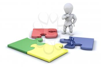 Royalty Free Clipart Image of a Person By a Stack of Puzzle Pieces