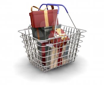 Royalty Free Clipart Image of a Shopping Basket Full of Presents