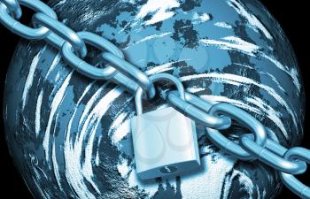 3D render of padlock and chain around the Earth