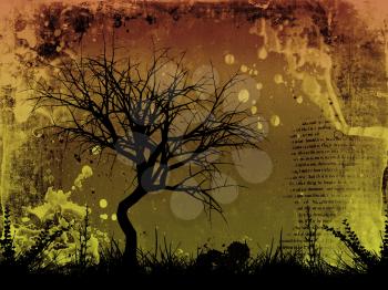 Silhouette of a tree and foliage on detailed grunge background