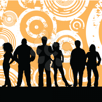 Royalty Free Clipart Image of a Group of Silhouettes on a Grunge Background