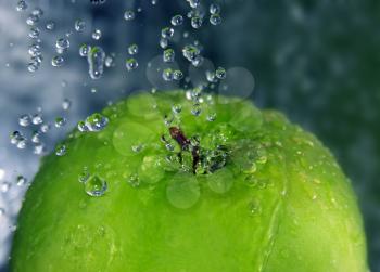 Water splashing onto a green apple