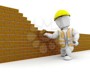 3D construction worker building a wall 