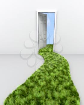3d render of grass path leading to doorway to the clouds
