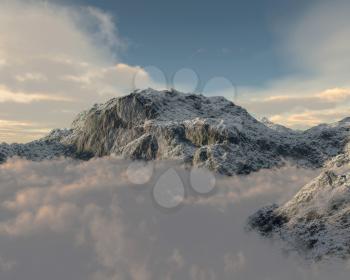 3d render of a mountain peaking through cloud layer