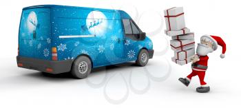 3D Render of a Christmas delivery van with Santa Claus